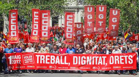 Valencia May 1, 2012. The banner reads, 'Work, dignity, rights, they want to end all of it'